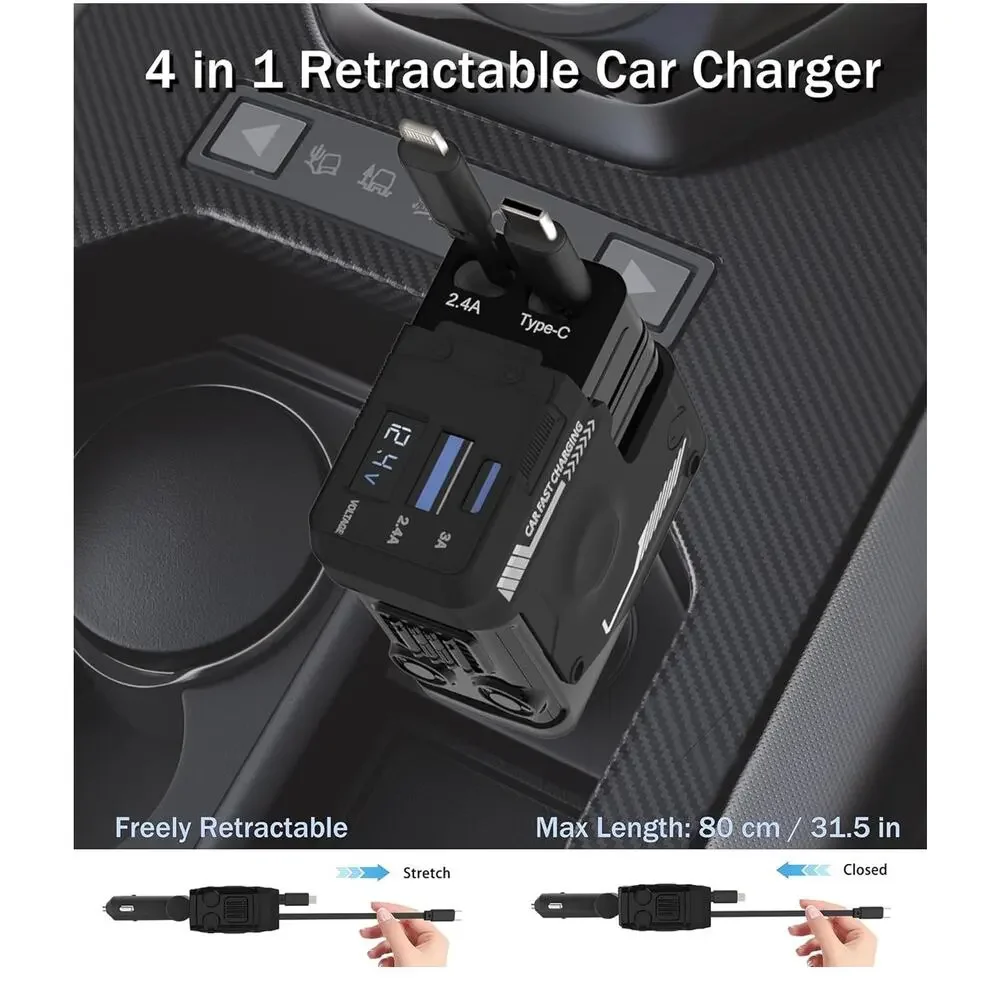Retractable 4 in 1 car fast charger for IOS and USB C phones & devices
